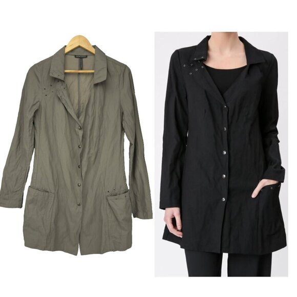SARAH PACINI Button Down Pouch Pockets Eyelets Long Sleeves Green Coat 1 *FLAW* - Picture 1 of 9